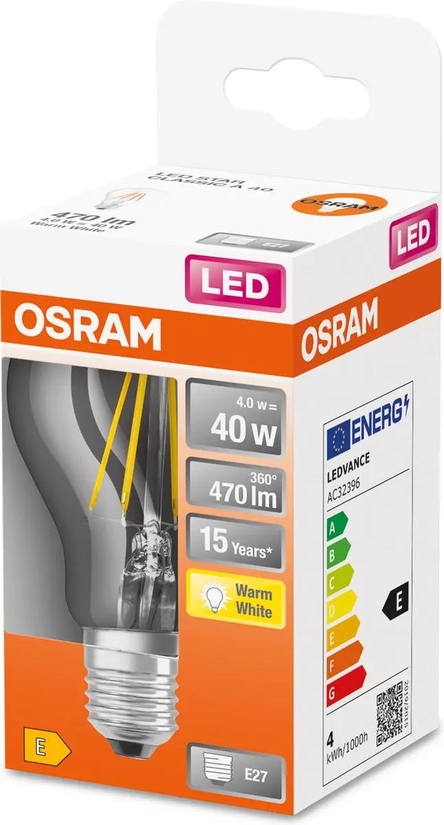 Osram LED Classic A 40 E27 4W - 470 Lumen Warm Wit