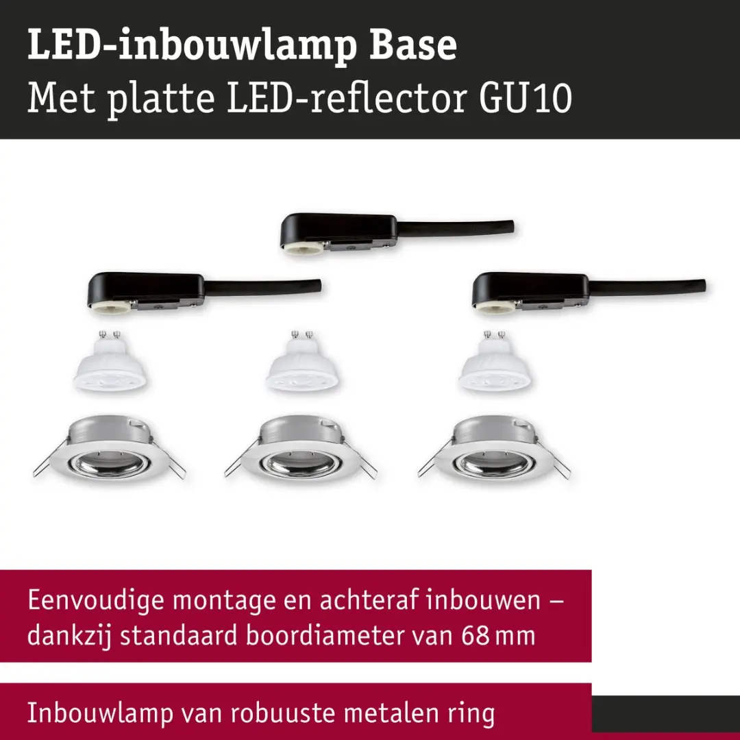 Paulmann LED Inbouwlamp Base GU10 Flat Draaibaar 3x4W 400lm - Staal Geborsteld