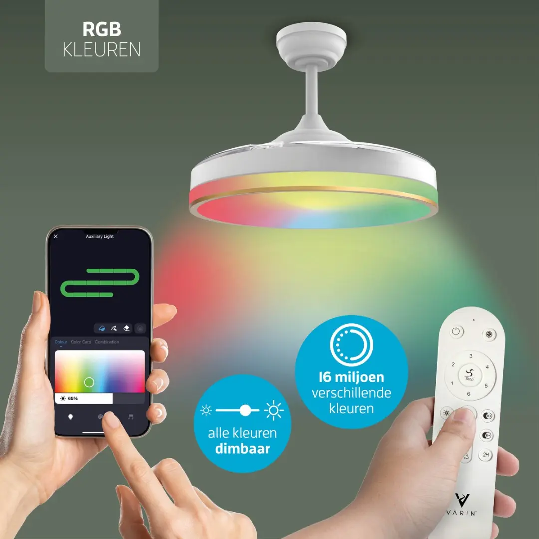 Varin Smart Plafondventilator RGBW 108cm - Wit/Goud - Tuya Wifi