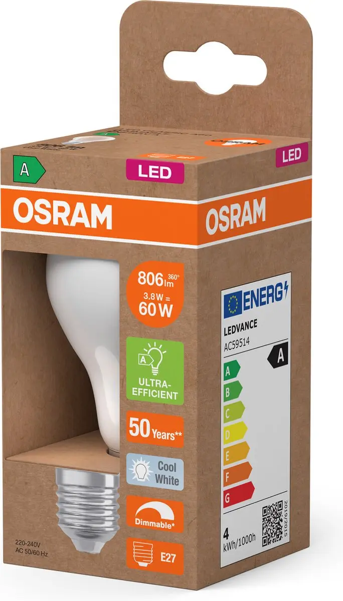 Osram Energy Class LED-lamp E27 3,8W 806lm Koel wit - Helder glas - afbeelding 6 van 6