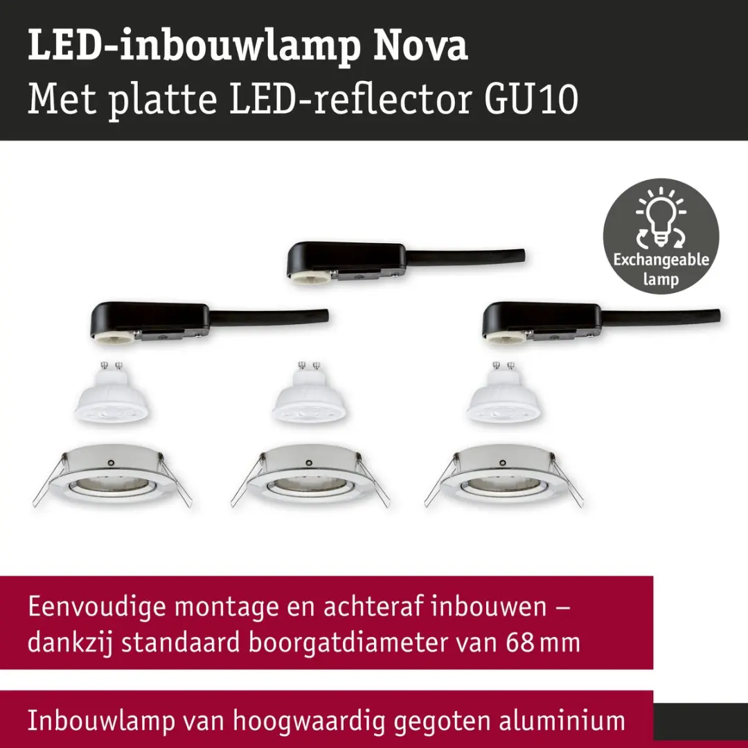 Paulmann Nova GU10 LED-inbouwlamp 3x4,9W 550lm 2700K - 3 Stuks - Staal geborsteld