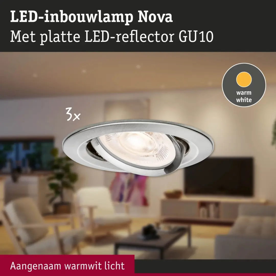 Paulmann Nova GU10 LED-inbouwlamp 3x4,9W 550lm 2700K - 3 Stuks - Staal geborsteld