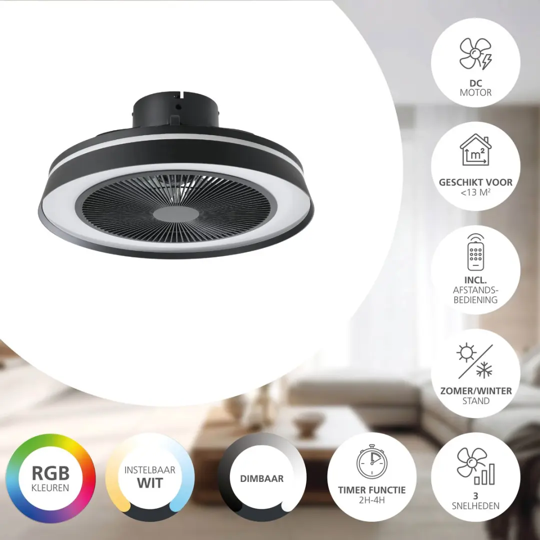 Eglo Vallonia Plafondventilator Ø48cm - 3 standen - RGB/Wit - Zwart