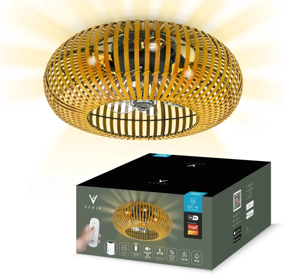 Varin Smart Plafondlamp Ventilator Bamboe Ø50cm