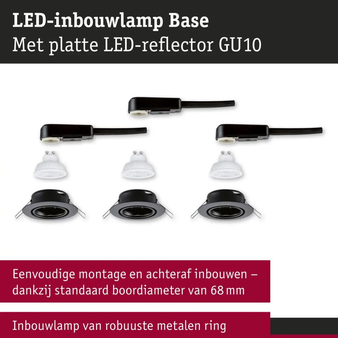 Paulmann Base GU10 LED-inbouwlamp 3x4W 1200lm 2700K - Zwart mat - afbeelding 6 van 6