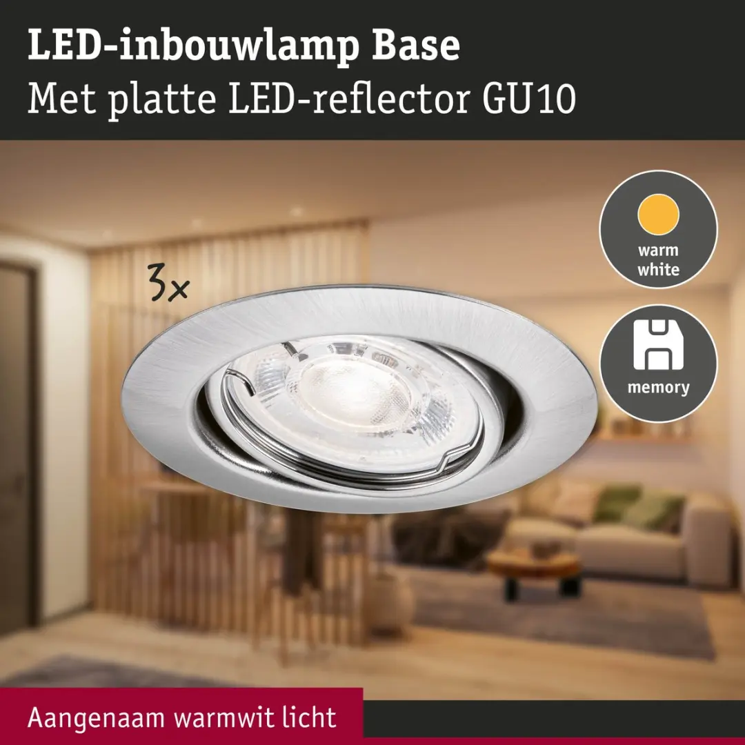 Paulmann LED-inbouwlamp Base GU10 Flat 3x4,9W - 1650lm - Draaibaar - Staal geborsteld