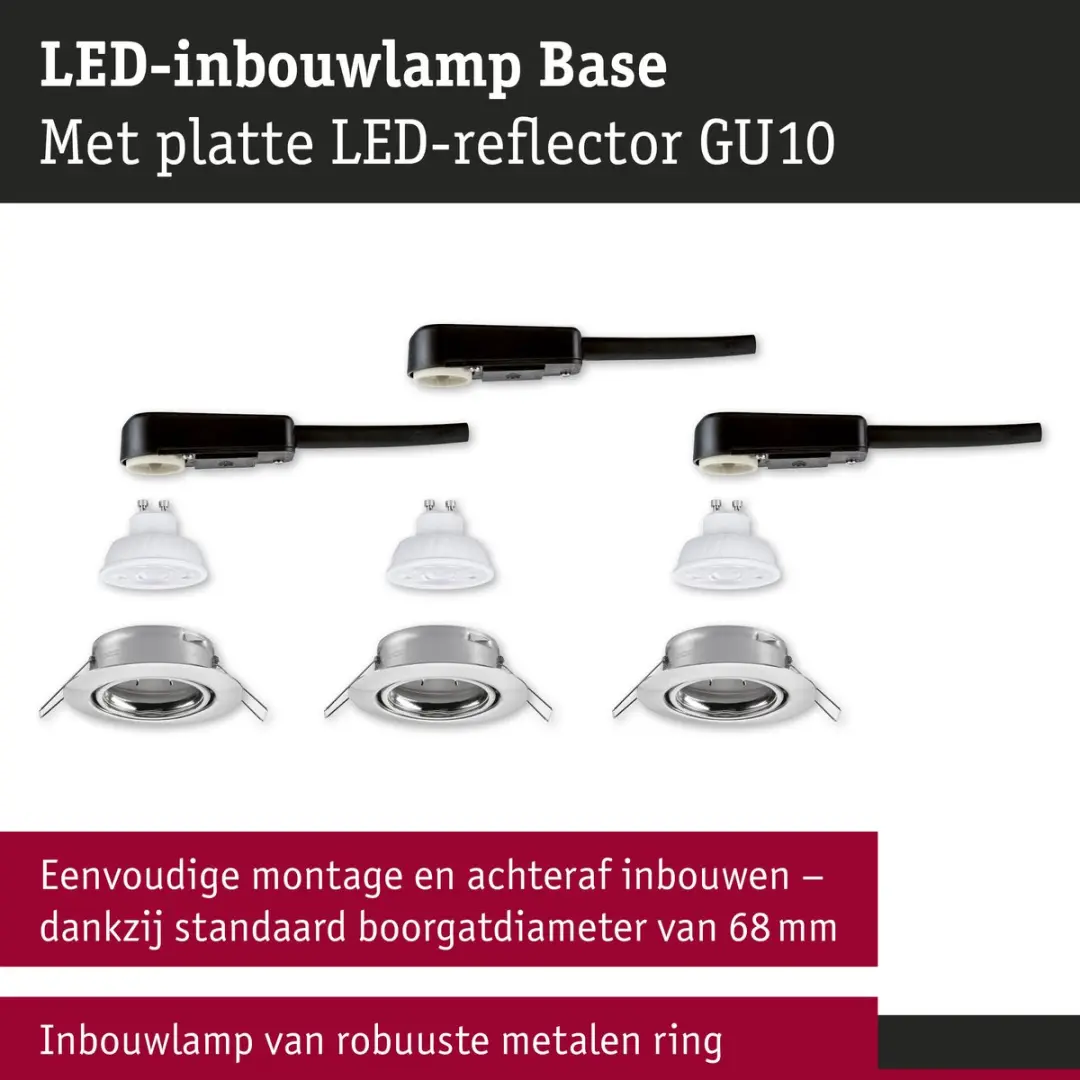 Paulmann LED-inbouwlamp Base GU10 Flat 3x4,9W - 1650lm - Draaibaar - Staal geborsteld