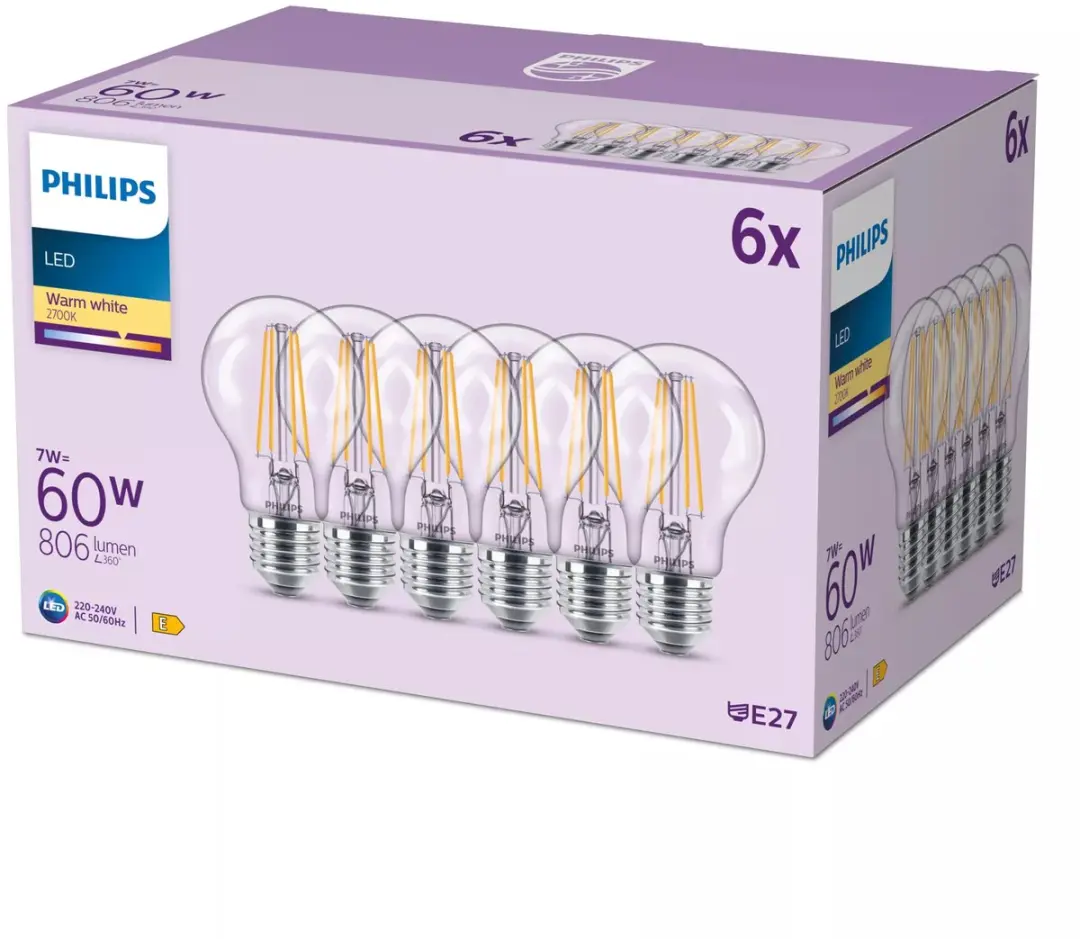 Philips LED Lamp Helder E27 7W Warmwit 2700K - 6 Stuks