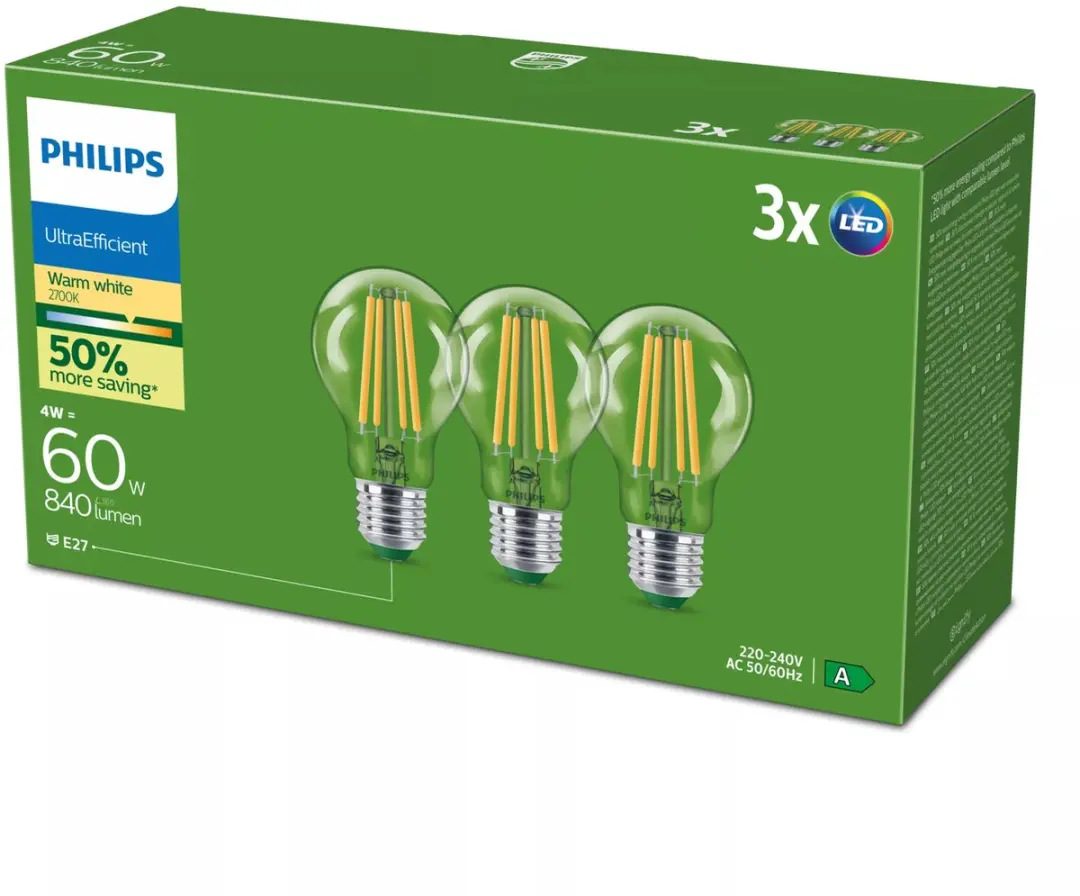 Philips UltraEfficient LED Lamp 4W E27 Warmwit 3 Stuks