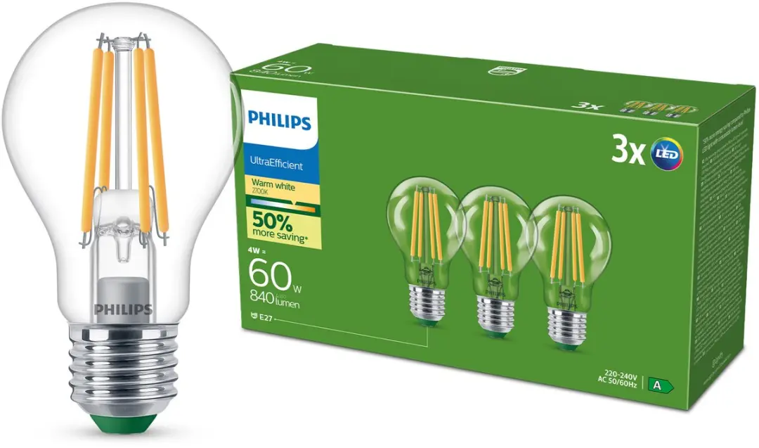 Philips UltraEfficient LED Lamp 4W E27 Warmwit 3 Stuks