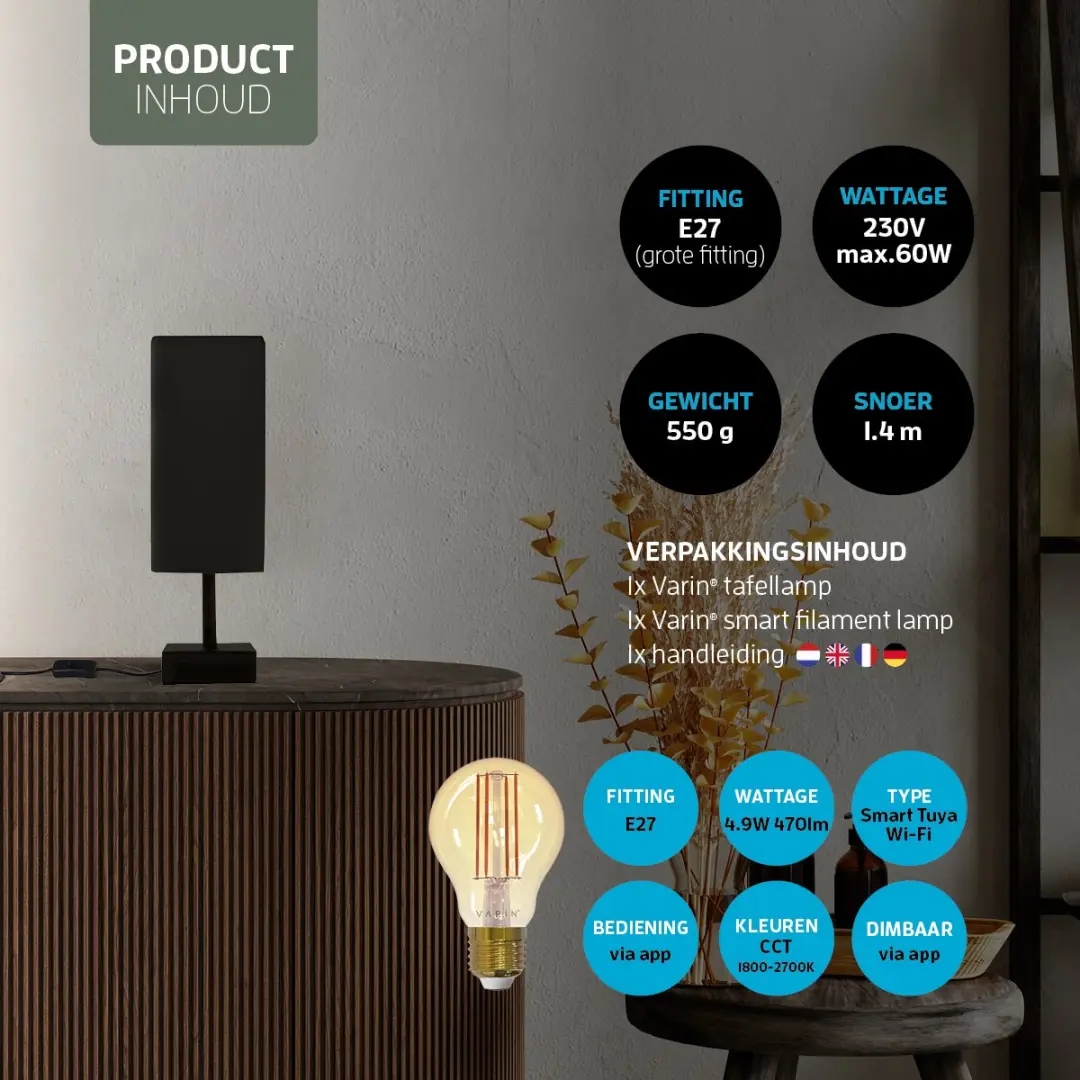 Varin Industrieel Tafellamp Zwart - E27 Smart LED RGB - Tuya WiFi