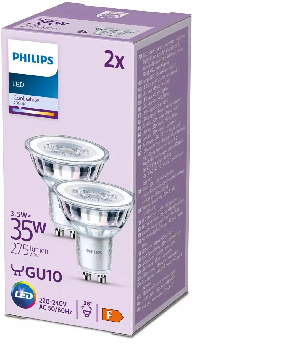 Philips LED Spot GU10 3,5W Koelwit - 2 Stuks