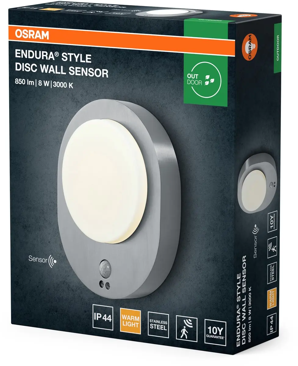 Osram Endura Style Disc Wandlamp Sensor 8W - Roestvrij staal - IP44