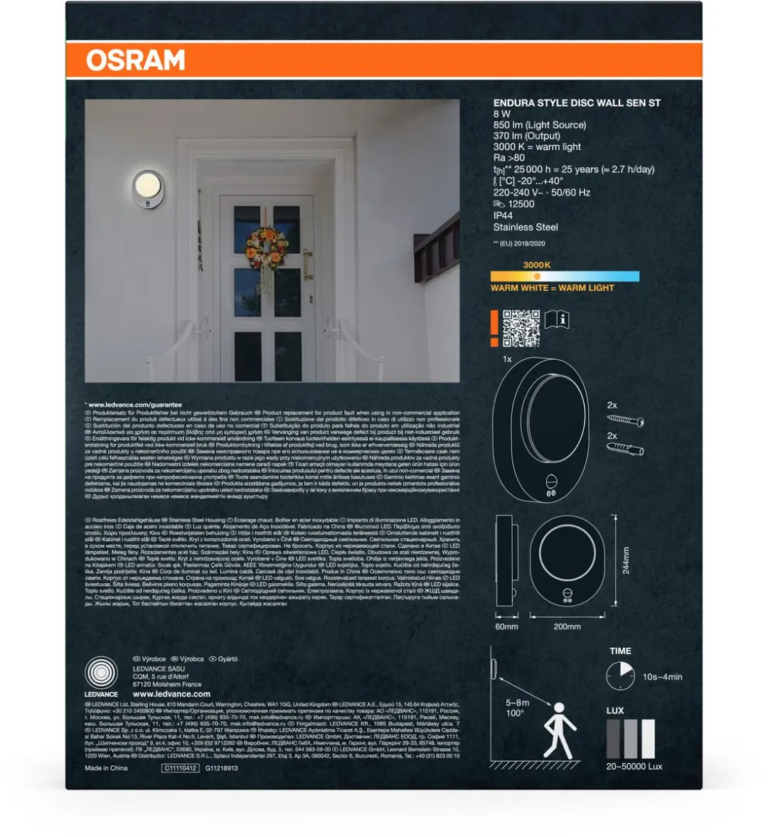 Osram Endura Style Disc Wandlamp Sensor 8W - Roestvrij staal - IP44 - afbeelding 6 van 6