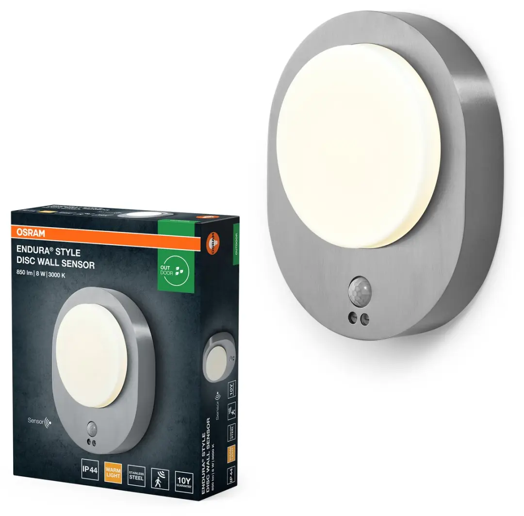 Osram Endura Style Disc Wandlamp Sensor 8W - Roestvrij staal - IP44