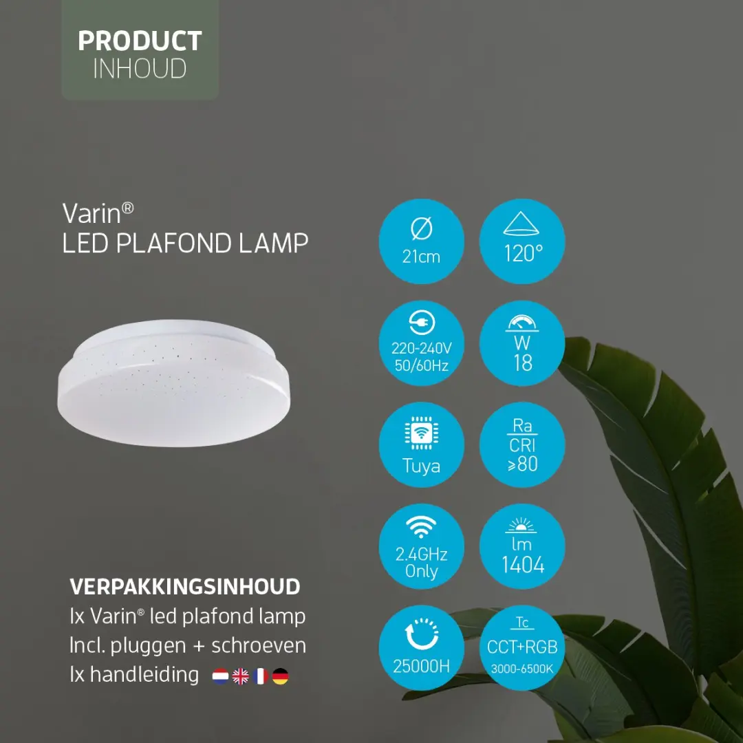 Varin Smart Plafondlamp LED Ø21cm - RGBW - WiFi - Tuya Smart - afbeelding 6 van 6