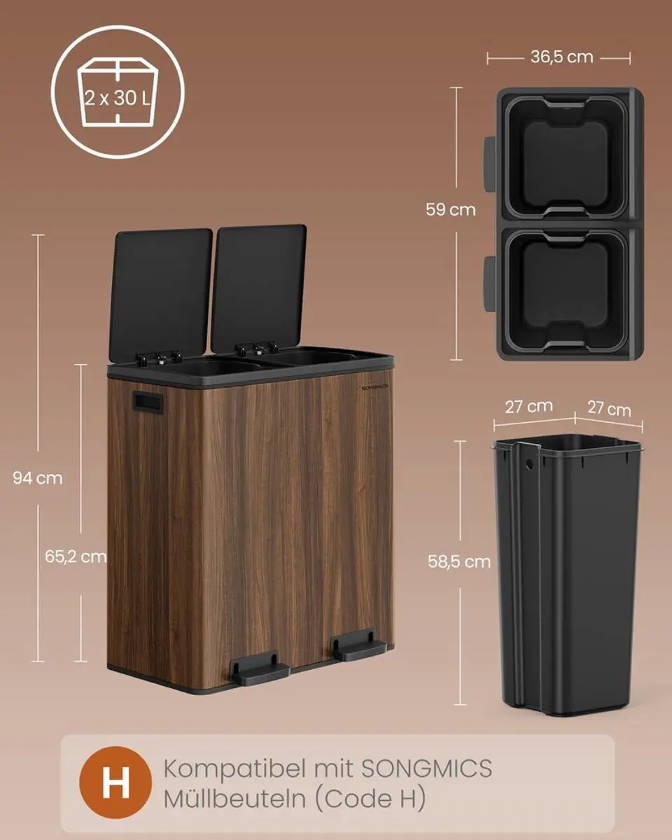 Songmics - Pedaalemmer - Prullenbak – 2 compartimenten – Softclose – 2 x 30 liter – Donker bruin - houtlook