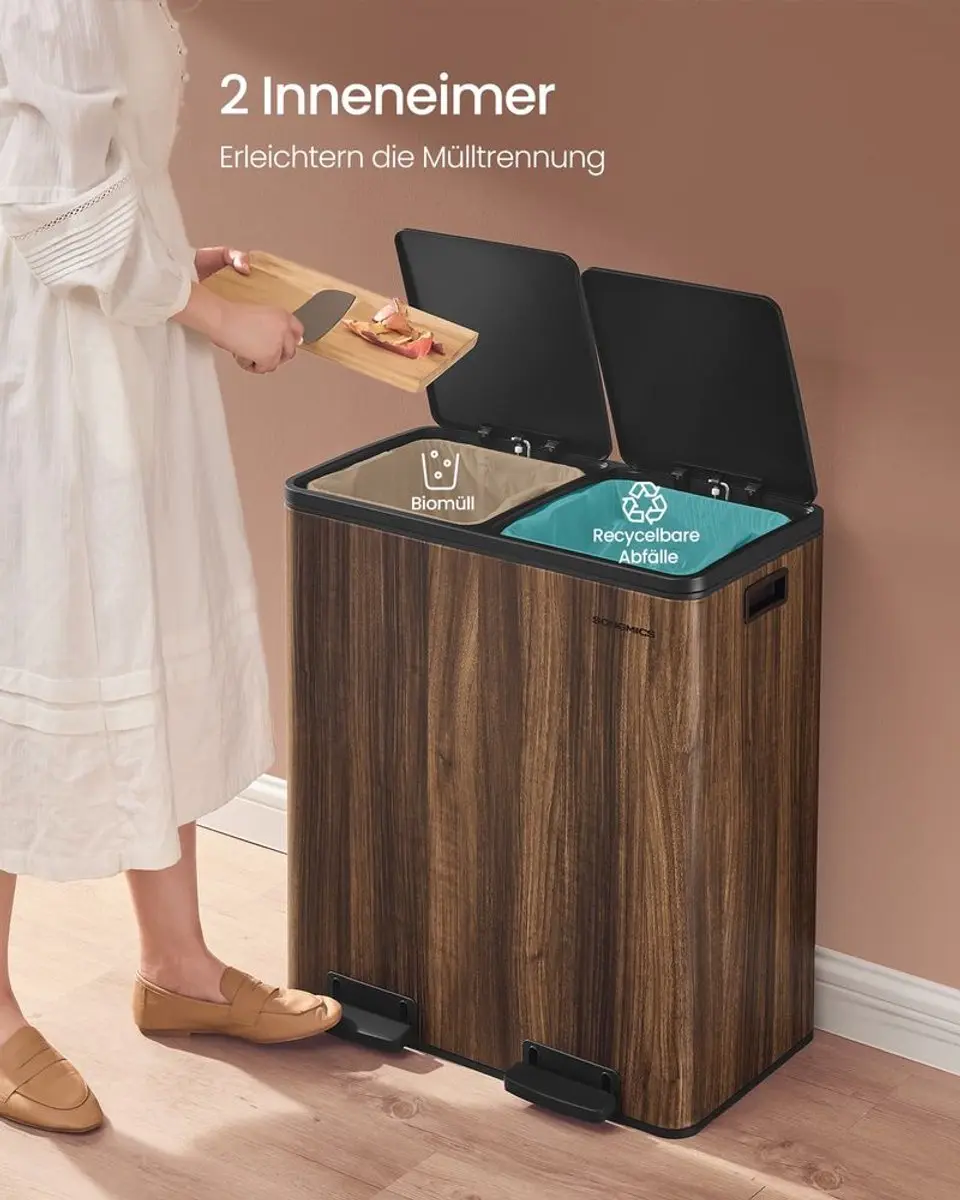 Songmics - Pedaalemmer - Prullenbak – 2 compartimenten – Softclose – 2 x 30 liter – Donker bruin - houtlook