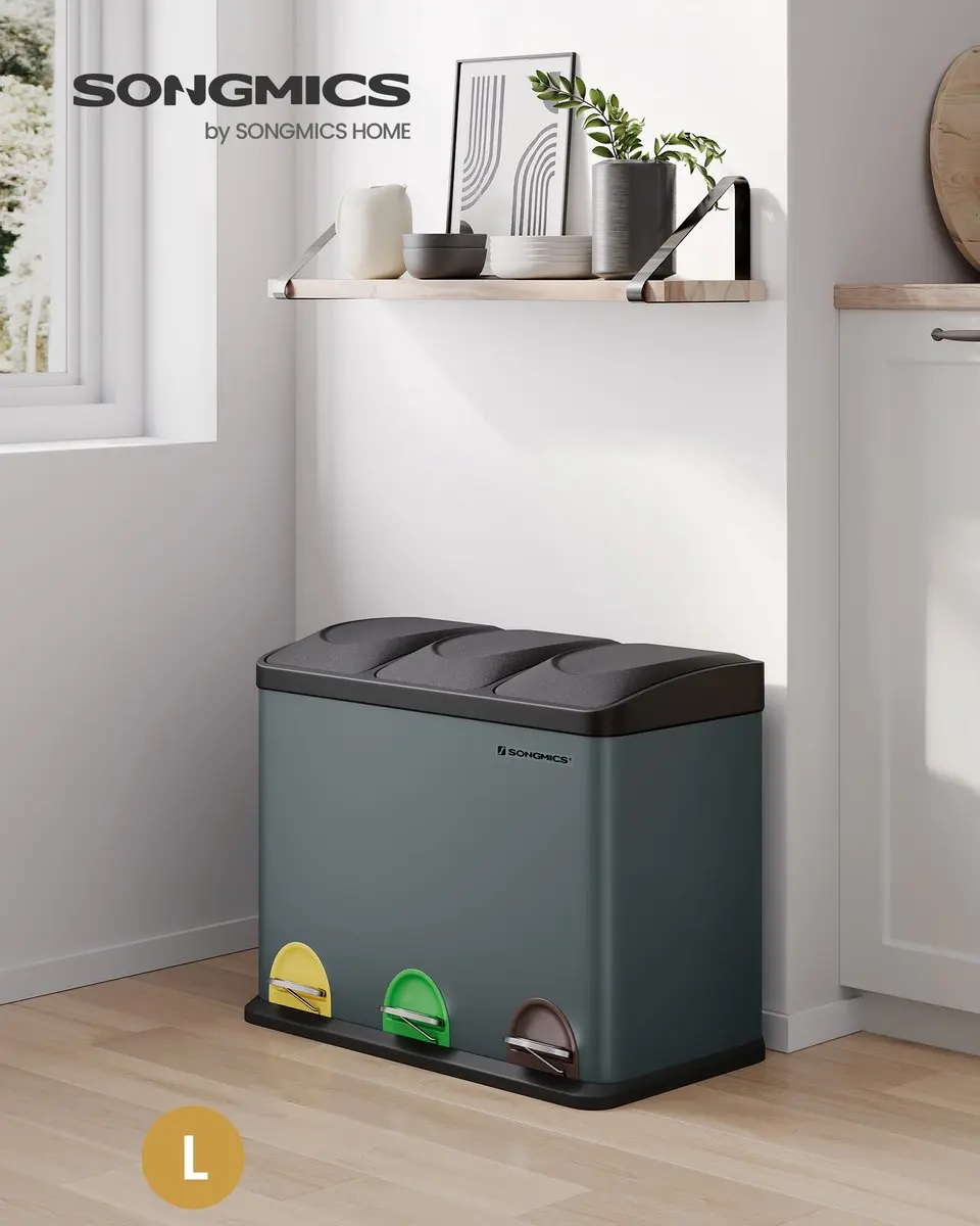 Songmics LTB45G Prullenbak Keuken 3 Vakken 45L - Grijsgroen-Zwart