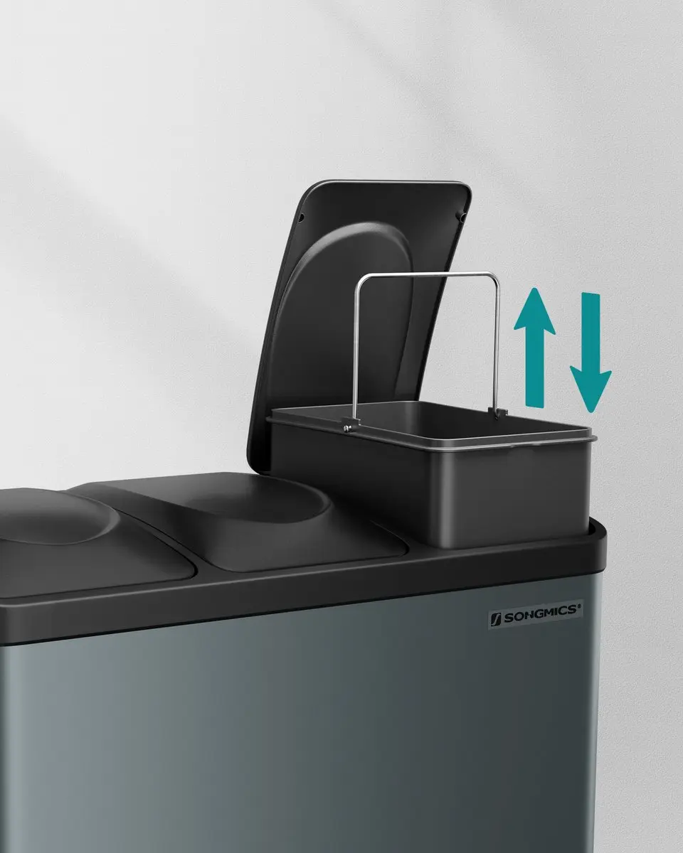 Songmics LTB45G Prullenbak Keuken 3 Vakken 45L - Grijsgroen-Zwart - afbeelding 6 van 6