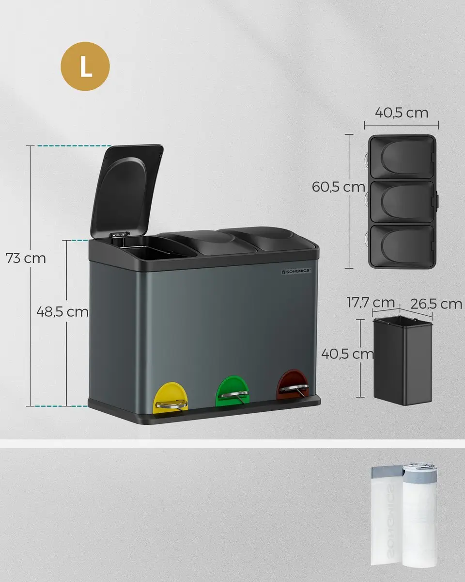 Songmics LTB45G Prullenbak Keuken 3 Vakken 45L - Grijsgroen-Zwart