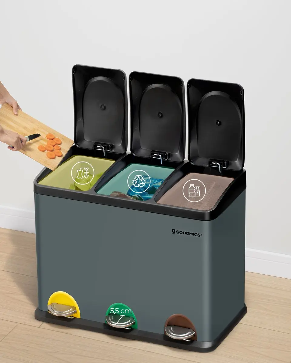Songmics LTB45G Prullenbak Keuken 3 Vakken 45L - Grijsgroen-Zwart