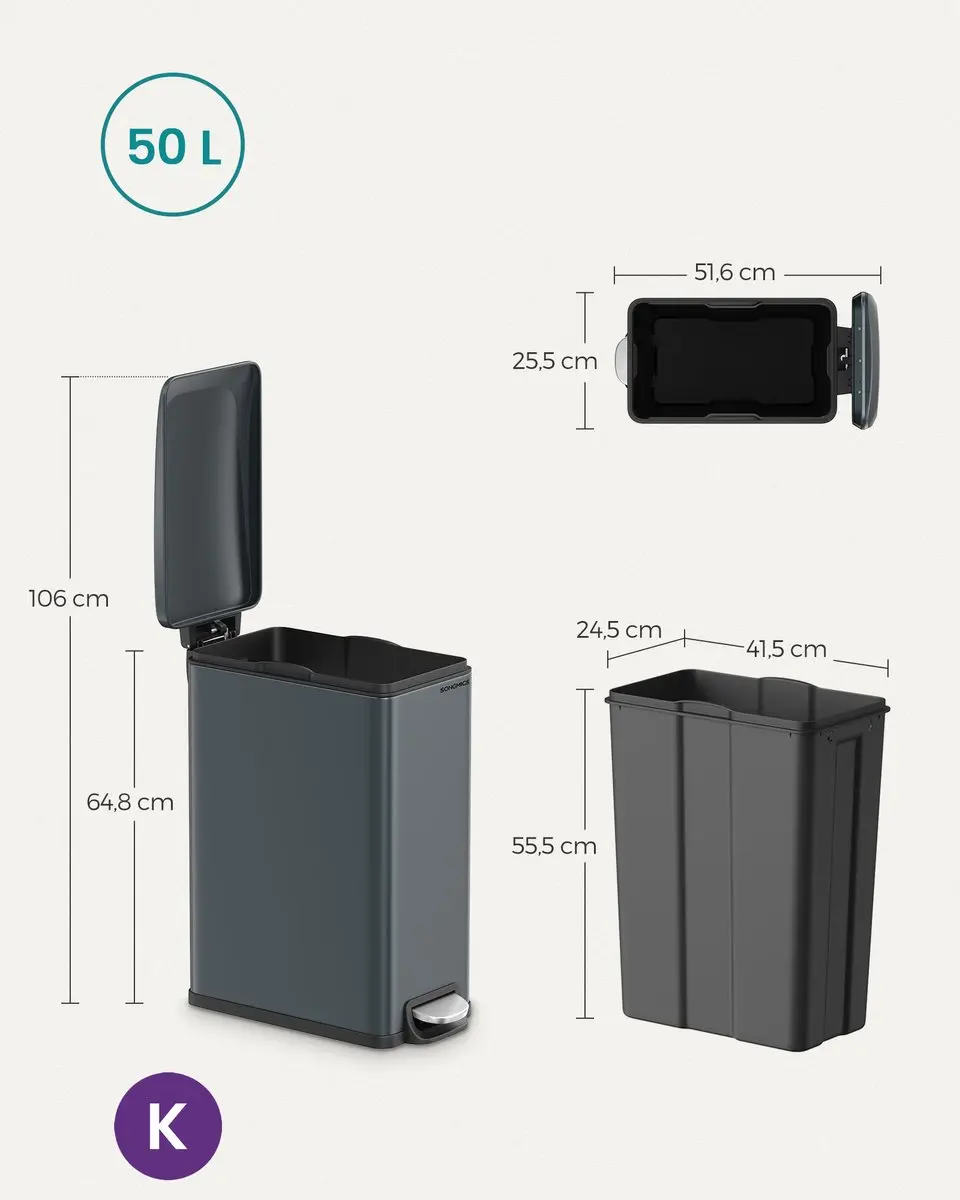 Songmics LTB510G02 Prullenbak Keuken 48L - Antracietgrijs