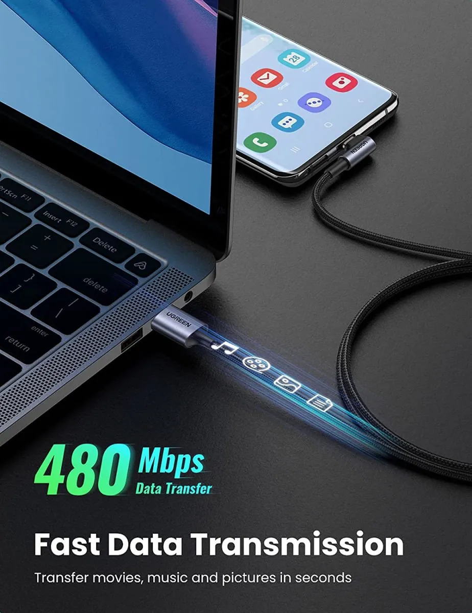 UGREEN USB Type C Haakse Kabel 2m 3A - Grijs