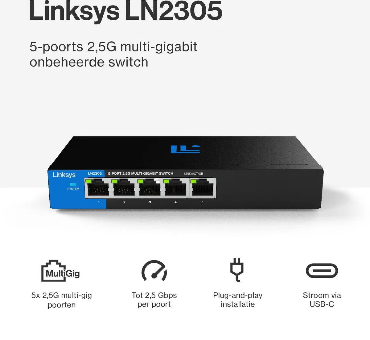 Linksys LN2305 Unmanaged Switch 5-Poorten 2500 Mbps - Zwart