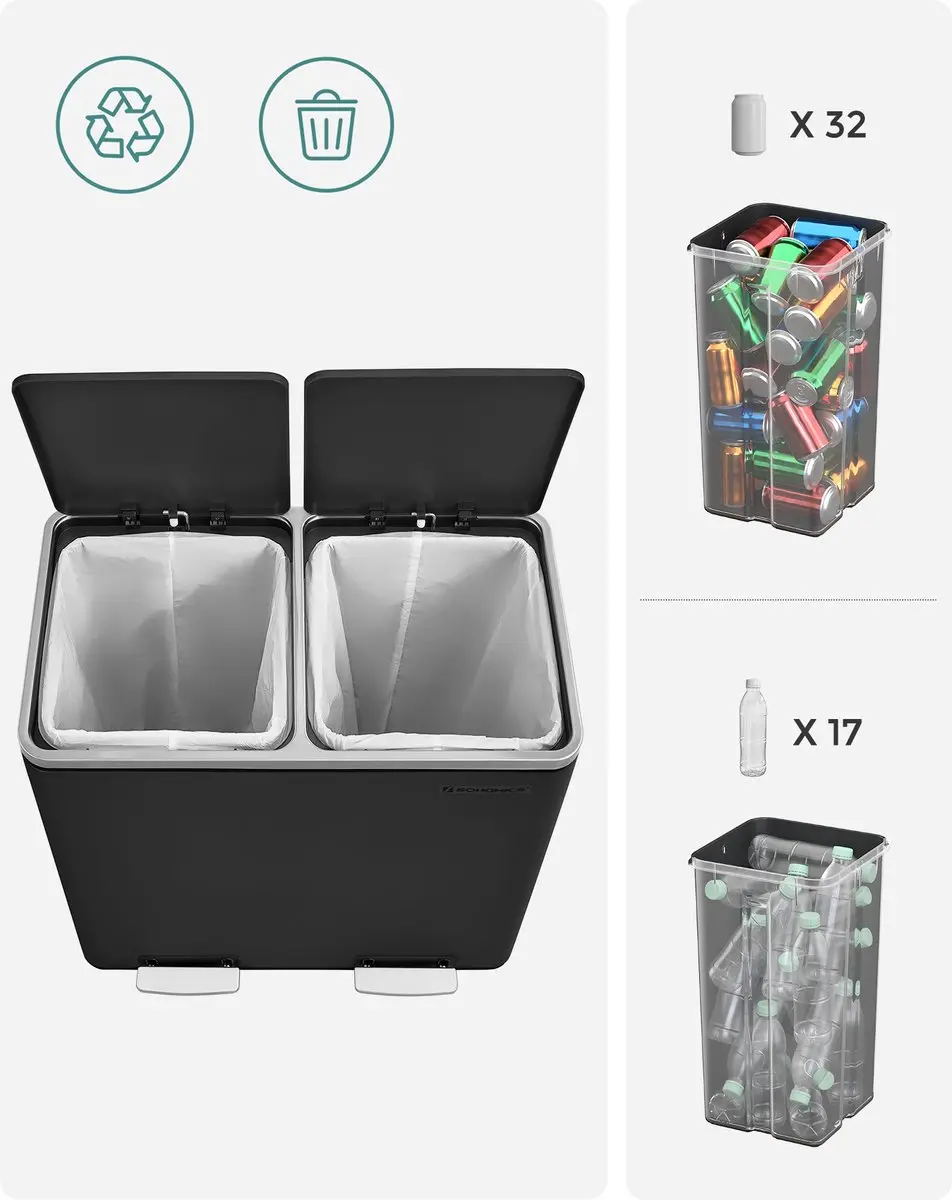 Songmics LTB048BH01 Prullenbak 2 Vakken 48L - Zwart