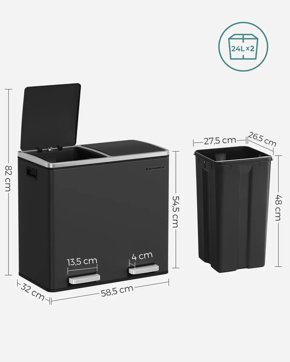 Songmics LTB048BH01 Prullenbak 2 Vakken 48L - Zwart