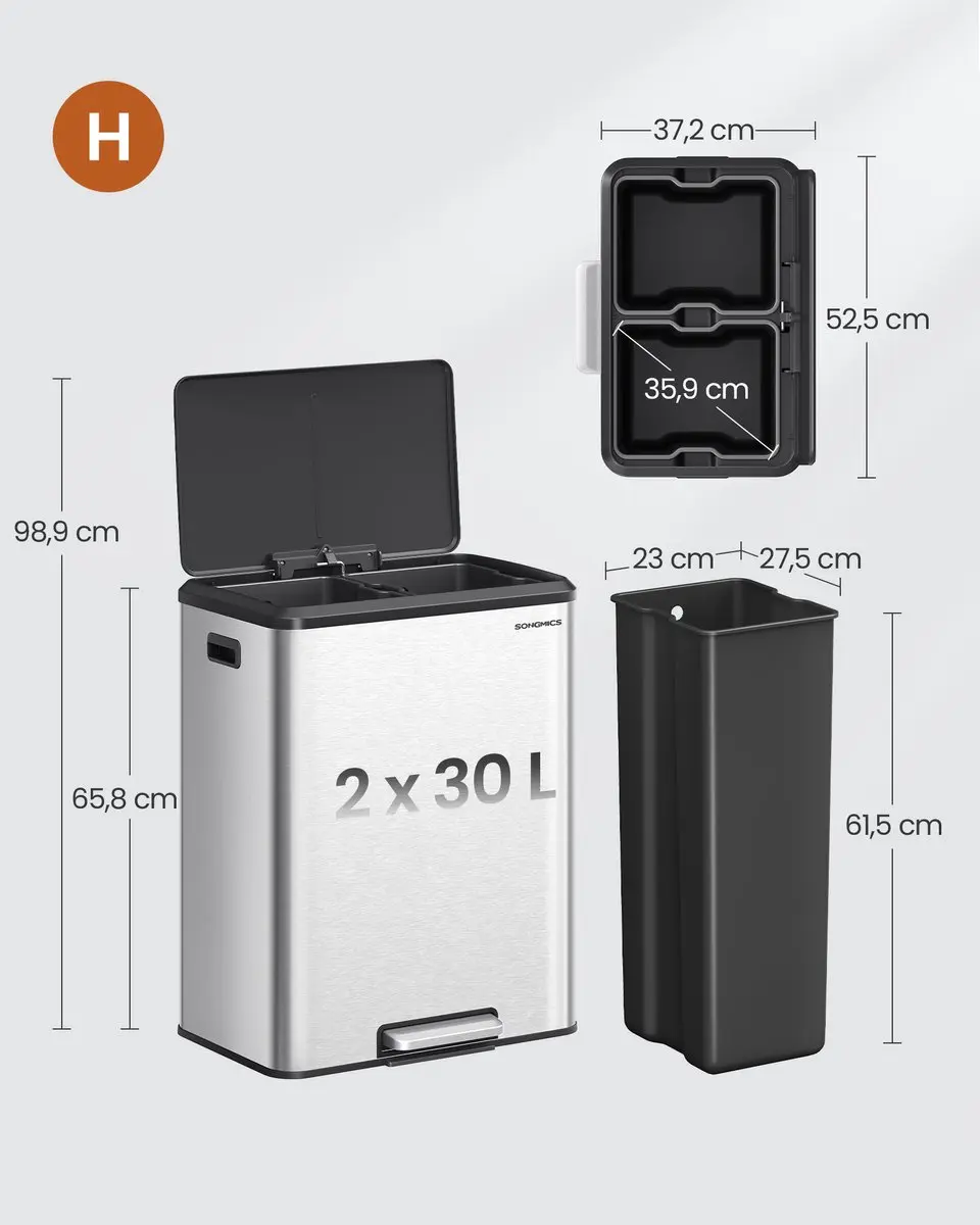 Songmics LTB556E01 Prullenbak 60L - 2 Compartimenten Metallic Zilver