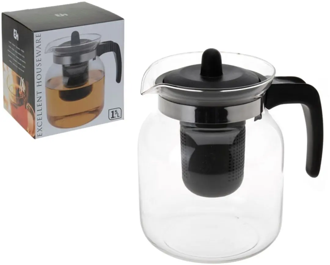 Excellent Houseware Theepot met Infuser 1,5L - 6x Theeglazen Zwart