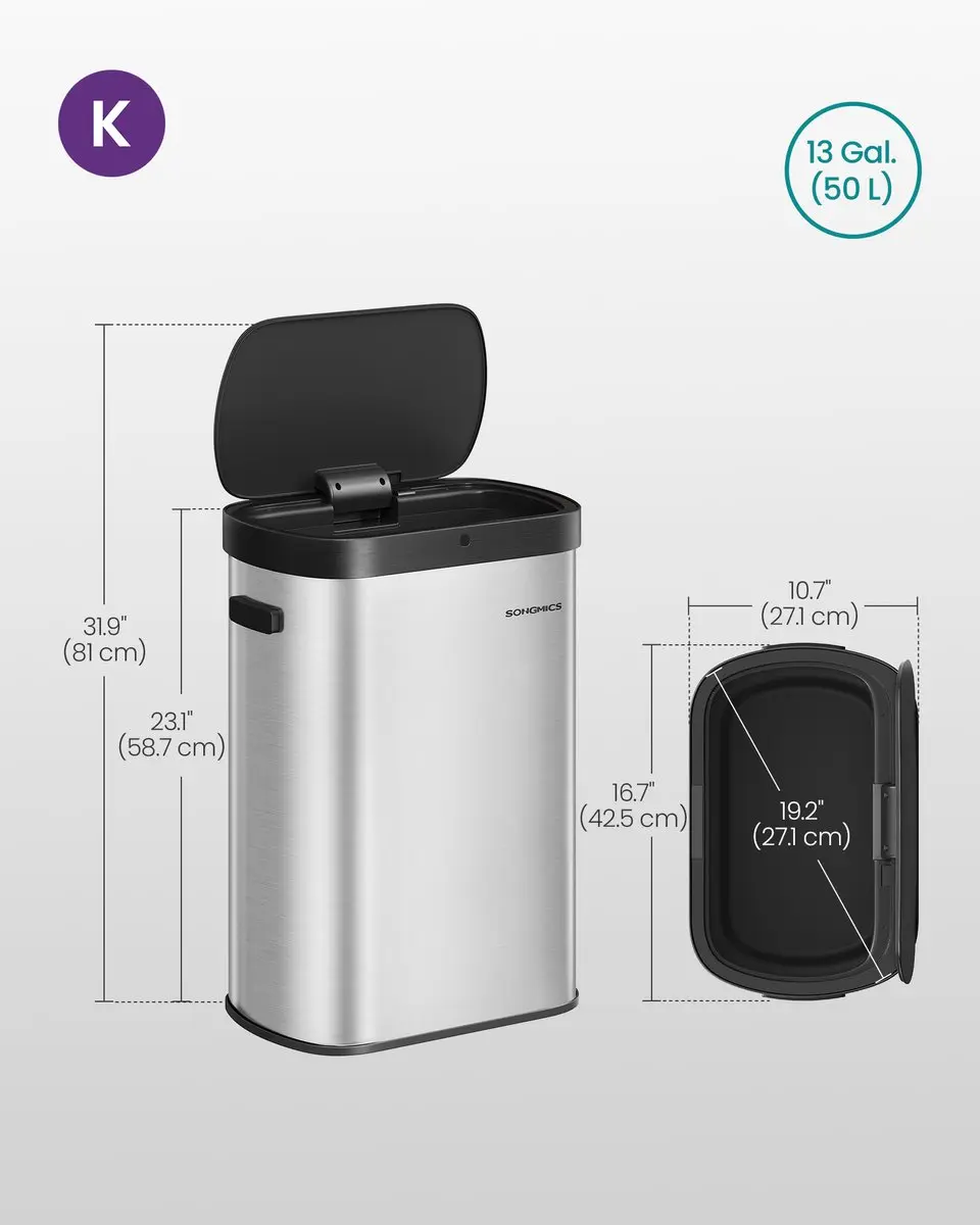 Songmics LTB640E01 Automatische Prullenbak 50L - Metallic Zilver