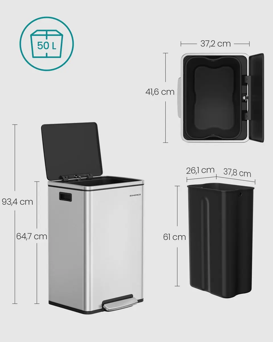 SONGMICS LTB595E01V1 - Prullenbak 50L - Uitneembare Kunststof Binnenemmer - Softclose Deksel