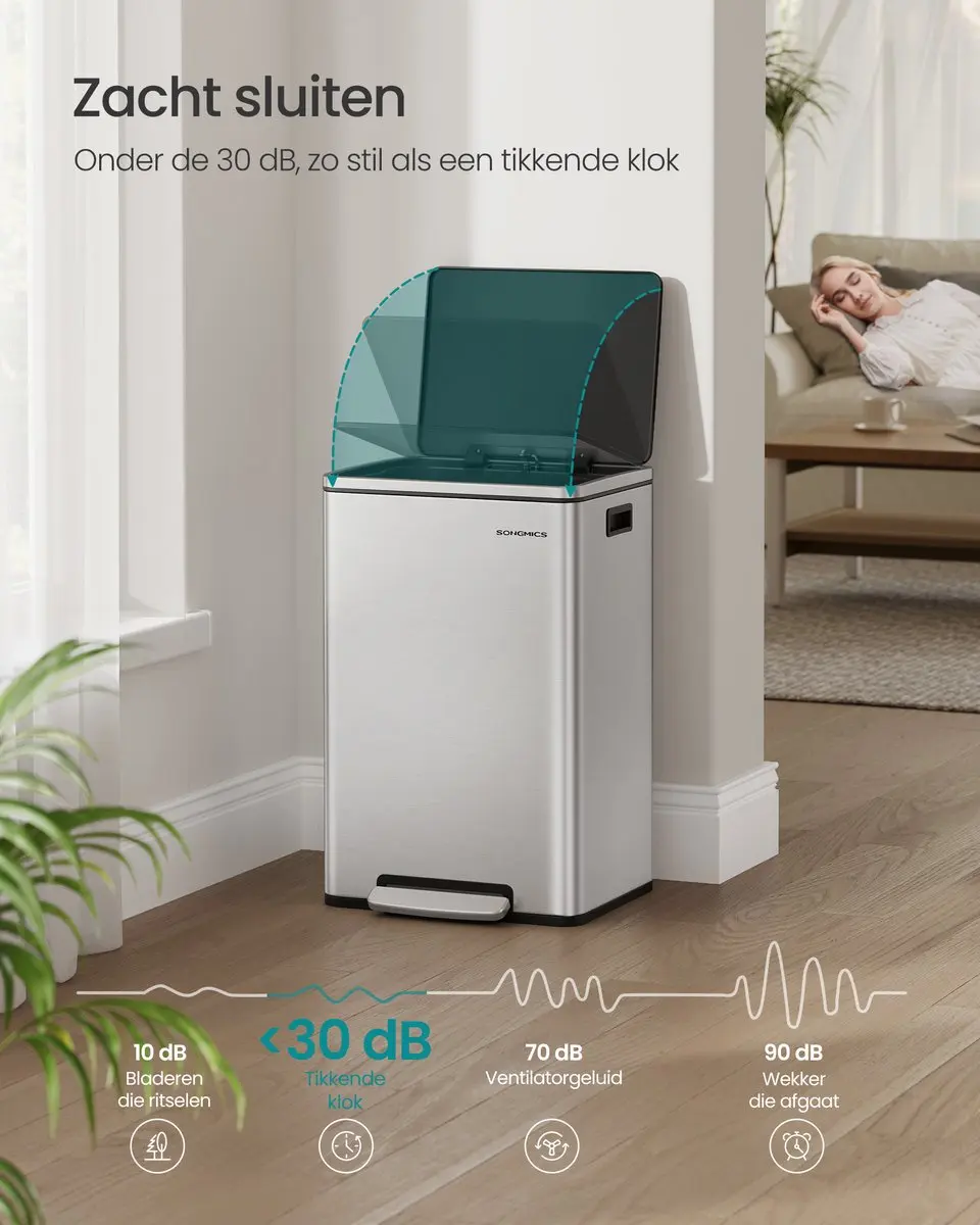 SONGMICS LTB595E01V1 - Prullenbak 50L - Uitneembare Kunststof Binnenemmer - Softclose Deksel