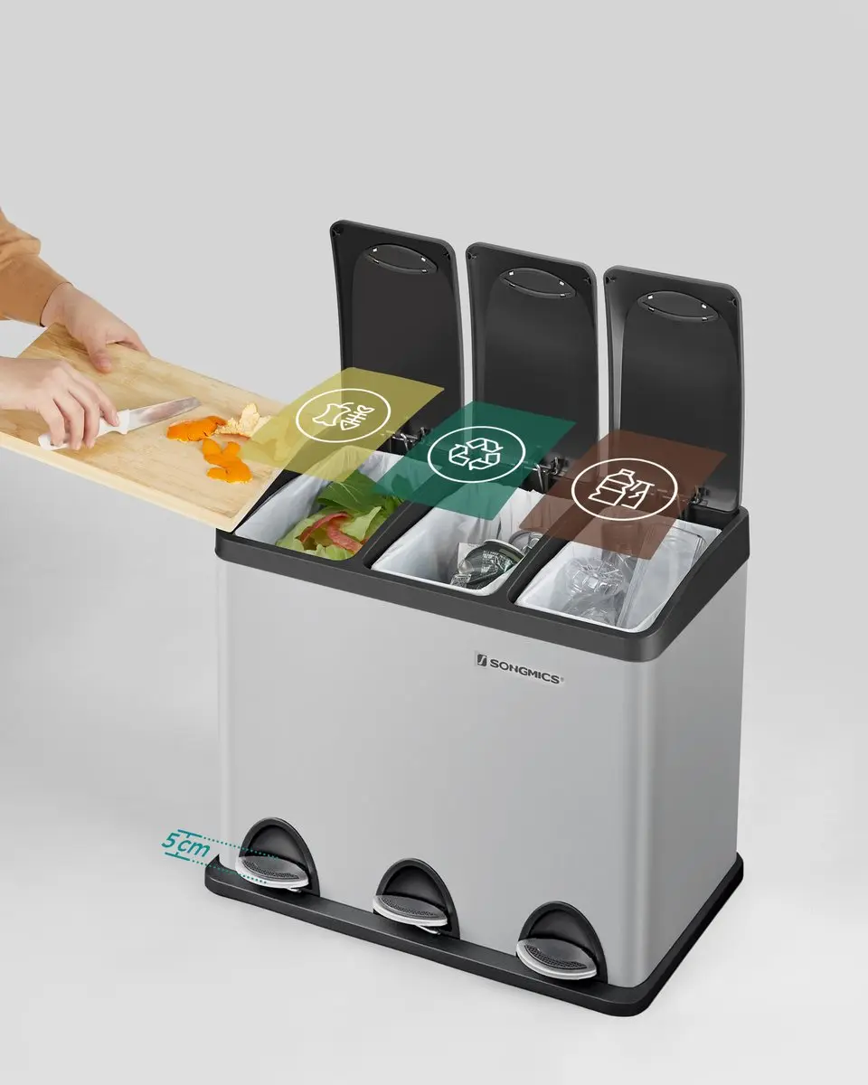 Songmics LTB024G01 Prullenbak Keuken 3 Vakken - 24L - Duifgrijs-Zwart