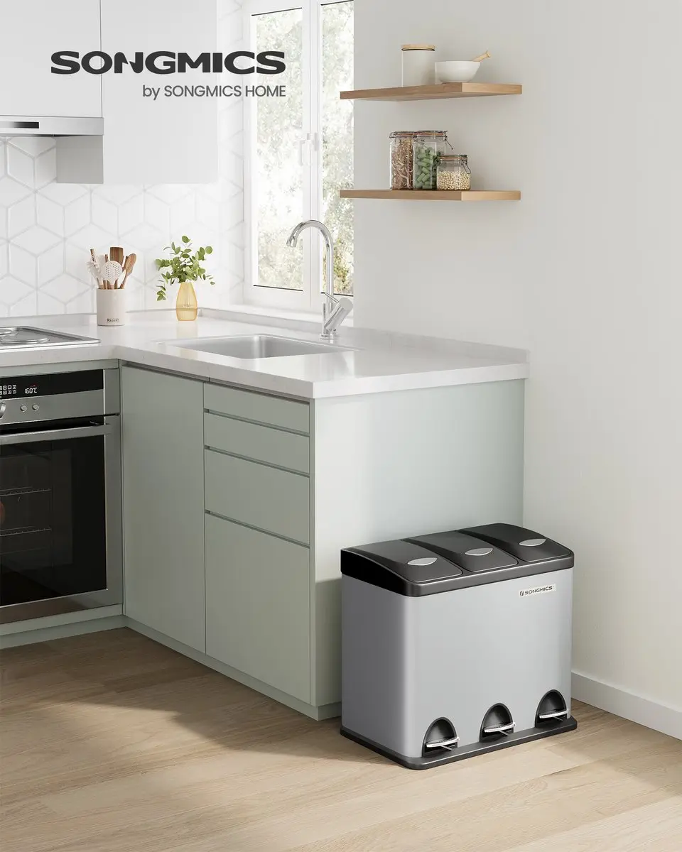 Songmics LTB024G01 Prullenbak Keuken 3 Vakken - 24L - Duifgrijs-Zwart
