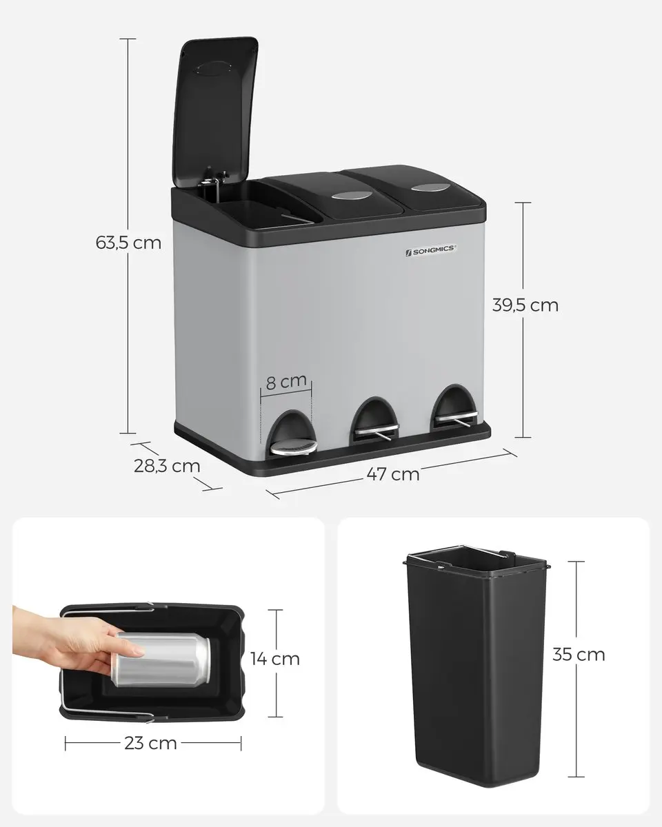 Songmics LTB024G01 Prullenbak Keuken 3 Vakken - 24L - Duifgrijs-Zwart