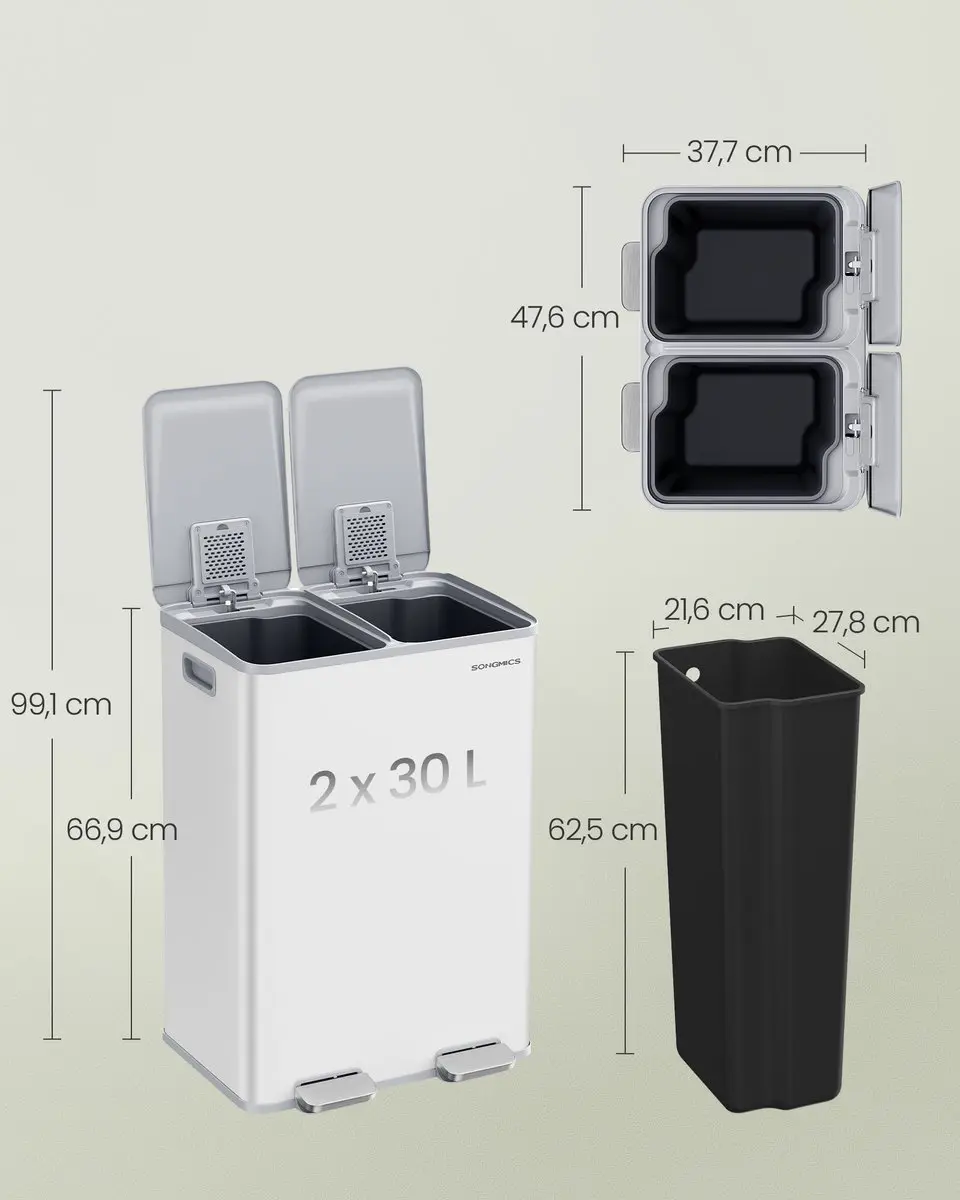 Songmics LTB741W02 Prullenbak Keuken 60L - 2 Vakken Matwit