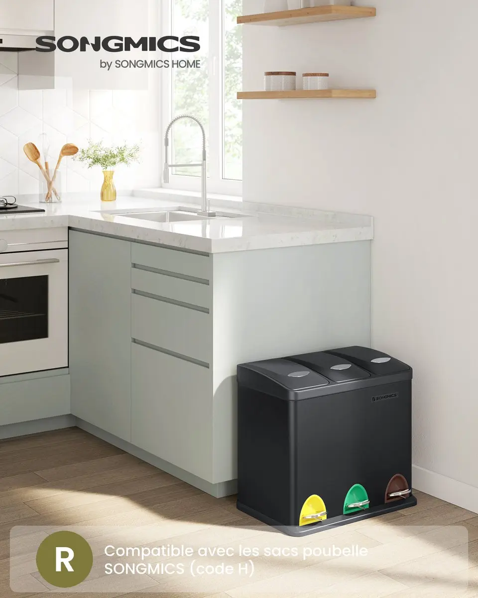 Songmics LTB24BK Prullenbak 3 Vakken 24L - Zwart