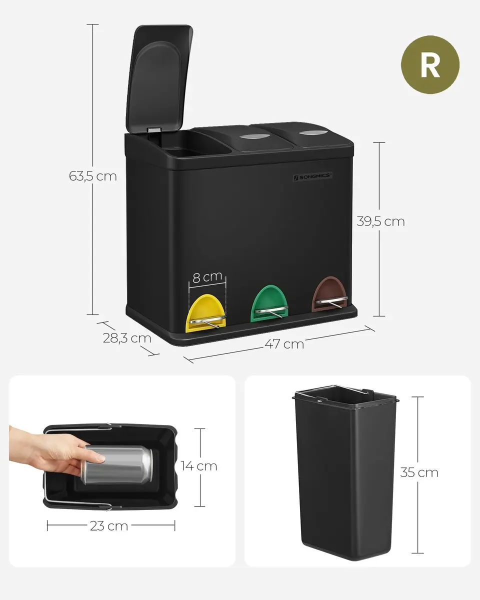 Songmics LTB24BK Prullenbak 3 Vakken 24L - Zwart