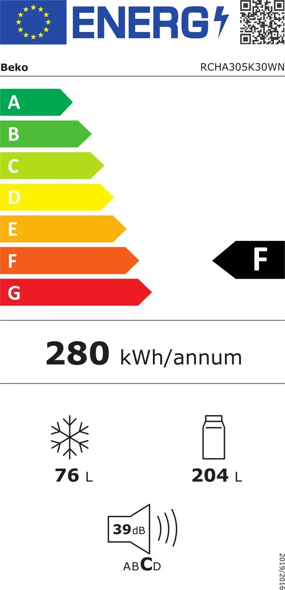 Beko RCHA305K30WN Koel-vriescombinatie 305L - 4 Plateaus