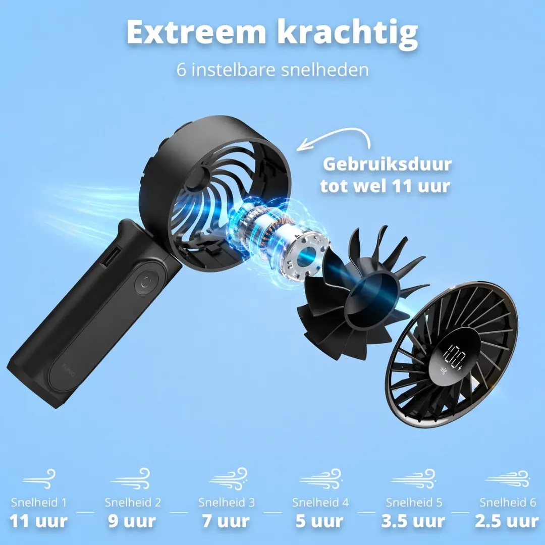 FlinQ VoltAir Handventilator 5W - 6 Snelheden - Zwart