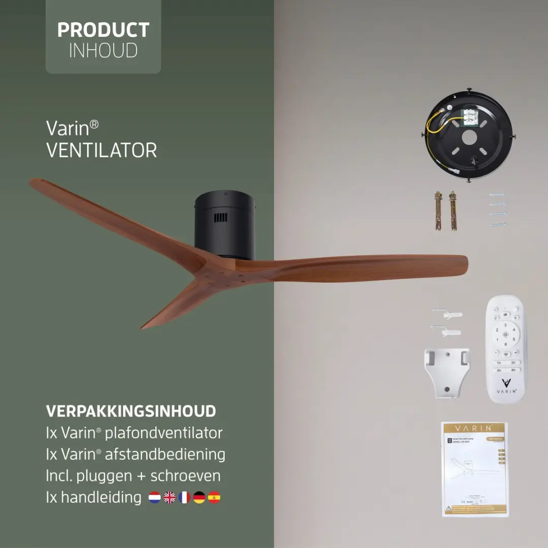 Varin Smart Plafondventilator VA-E002 Walnoot - 132cm - 6 Snelheden - afbeelding 6 van 6