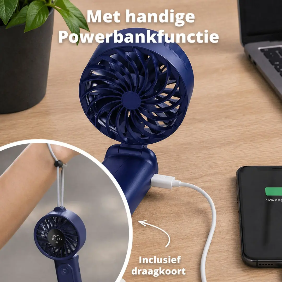 FlinQ VoltAir Handventilator 5W - 6 Snelheden - Donkerblauw