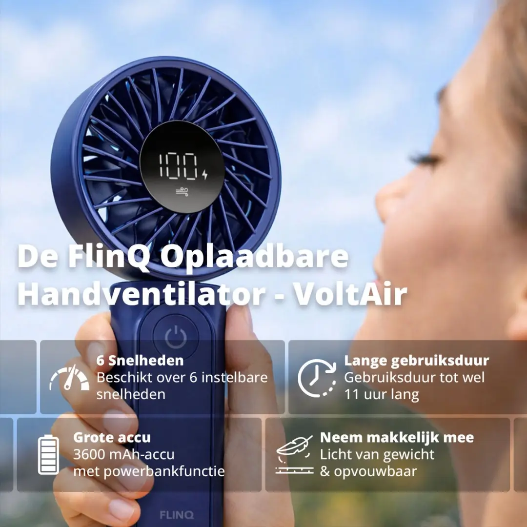 FlinQ VoltAir Handventilator 5W - 6 Snelheden - Donkerblauw