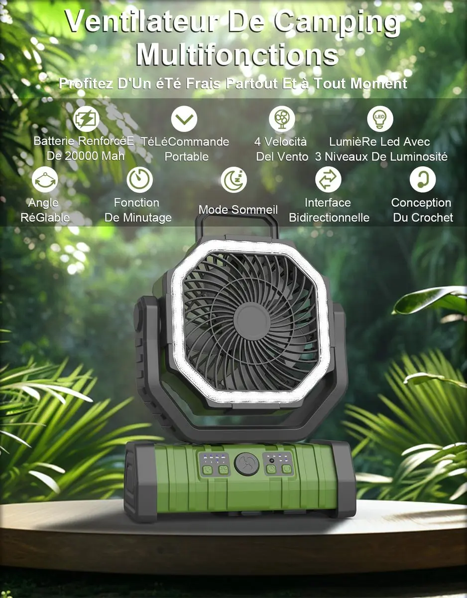 ECTEATOY Kampeerventilator 20.000mAh - 4 Snelheden - 270° Rotatie - Groen