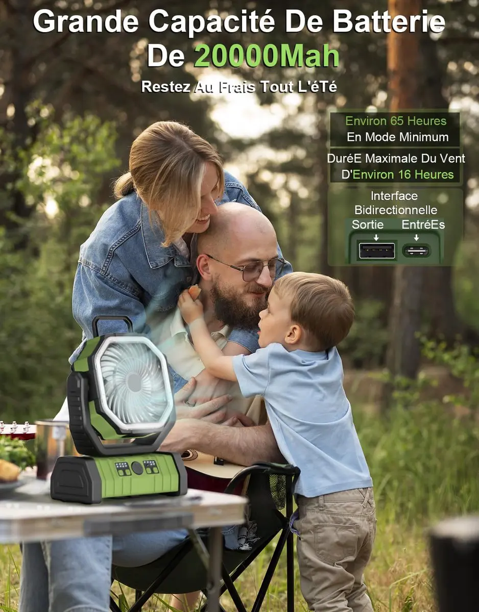 ECTEATOY Kampeerventilator 20.000mAh - 4 Snelheden - 270° Rotatie - Groen