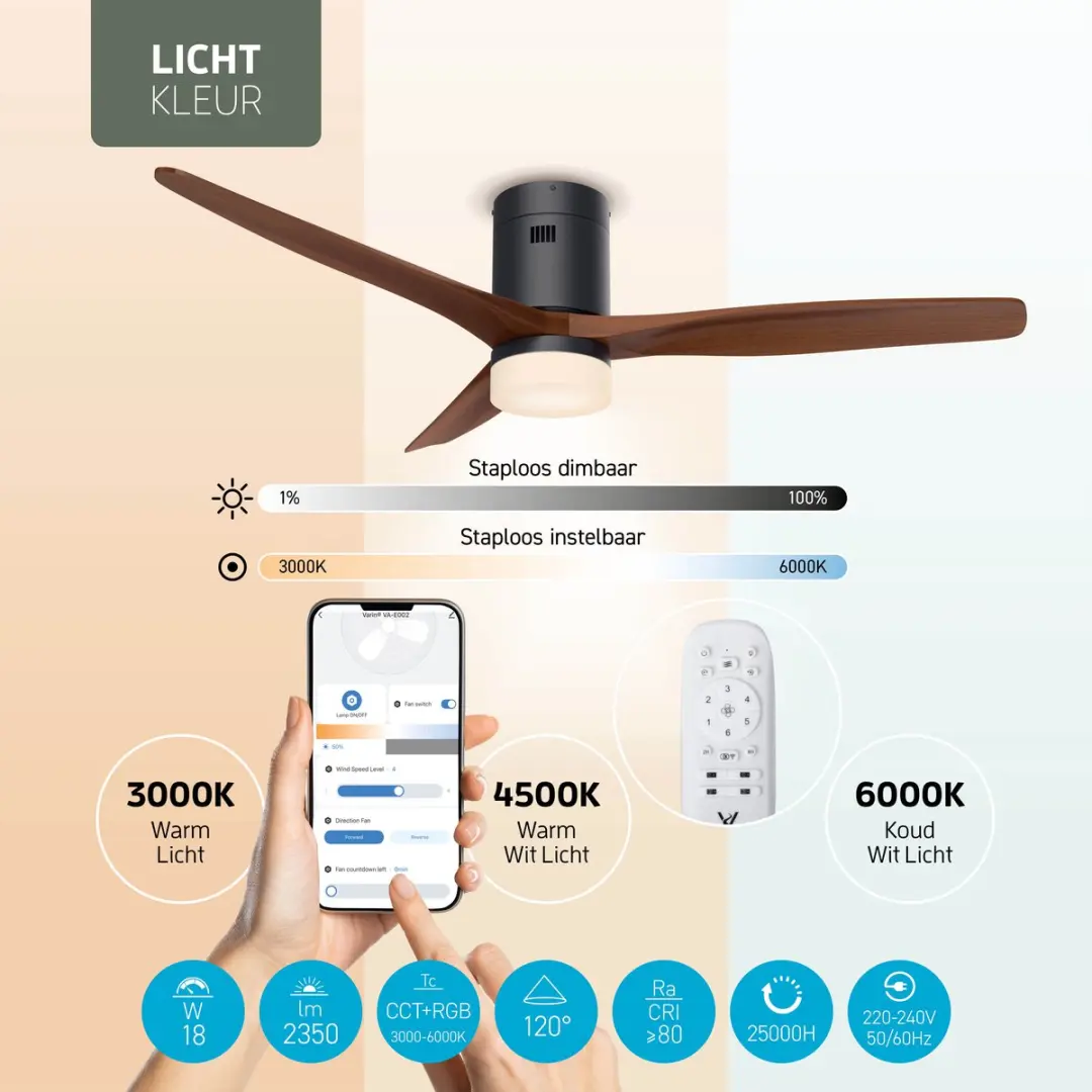Varin Smart Ventilator VA-E002L Plafondventilator - 35W - Ø132cm - Verwarming/Verkoeling - Walnoot